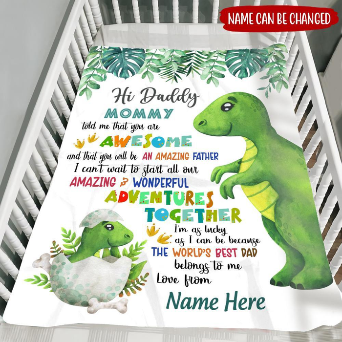 Personalized Blanket To My Dad From Baby Bump Happy Father's Day Funny Cute Old & Baby Dinosaur Print Custom Name