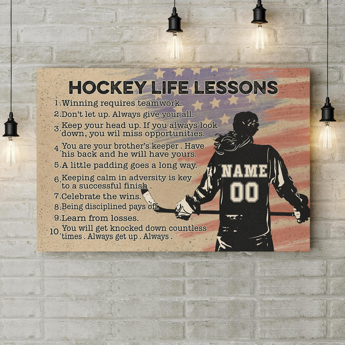 Personalized Hockey Life Lessons Canvas Poster For Hockey Lovers Us Flag & Player Printed Custom Name & Number