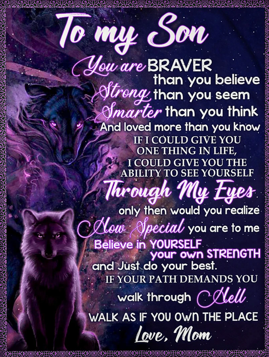 Personalized Wolves Blanket To My Son From Mom Believe In Yourself You Own Strength Purple Wolf Fleece Blanket