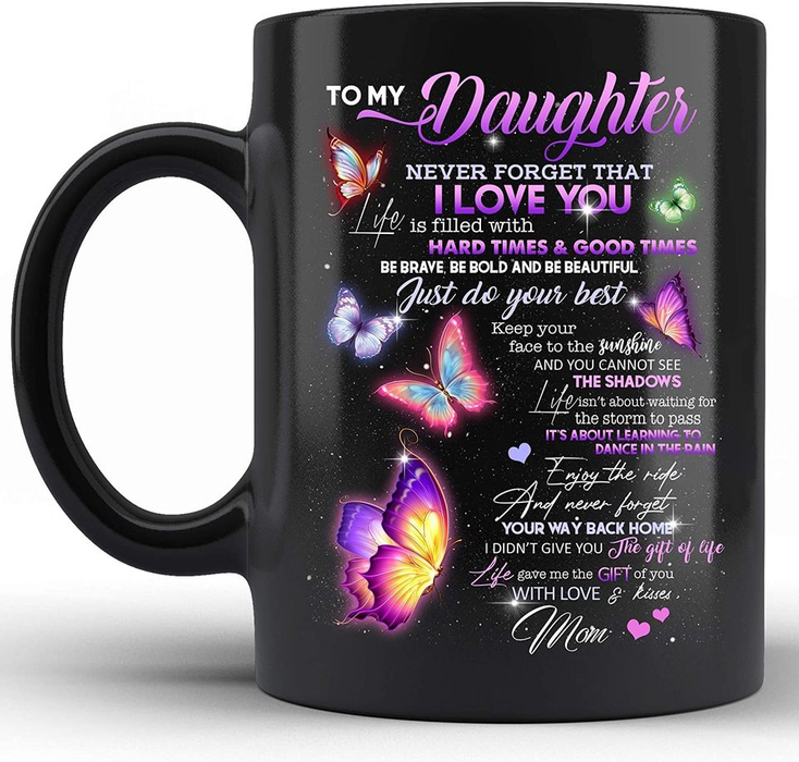 Personalized To My Daughter Coffee Mug Colorful Butterflies Enjoy The Rides Custom Name Black Cup Gifts For Birthday
