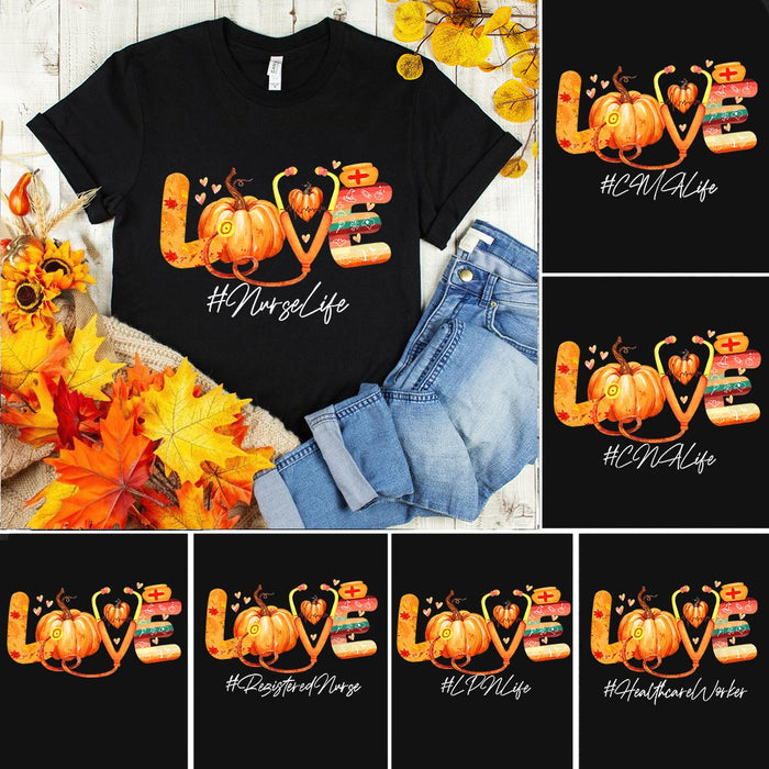 Personalized T-Shirt For Nurse Love Hashtag Nurse Life Cute Pumpkin With Stethoscope & Heart Printed Custom Hashtag