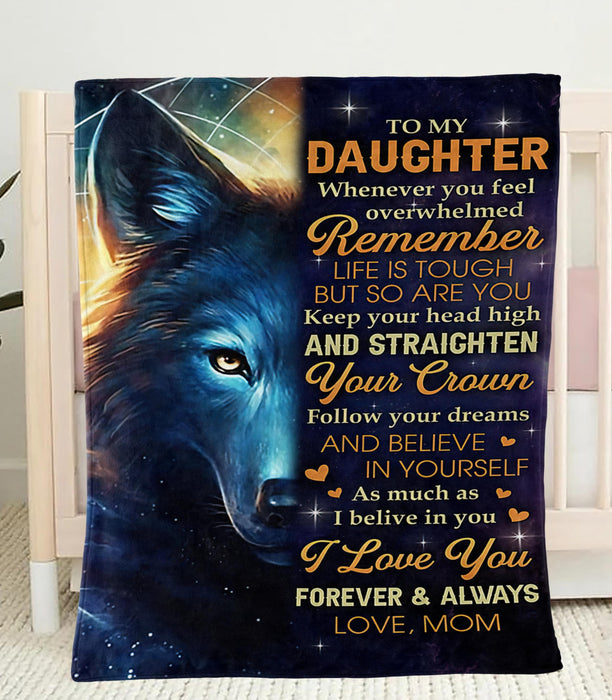 Personalized To My Son Blanket From Mom Whenever You Feel Overwhelmed Haft Of Wolf Face Printed Galaxy Background