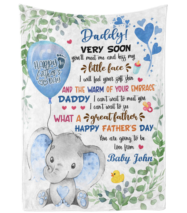 Personalized Blanket To My Dad From Baby Bump Happy First Father's Day Cute Cartoon Baby Elephant Print Custom Name