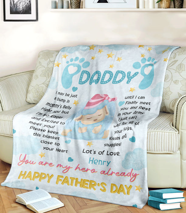 Personalized Blanket From Baby Bump To Expecting Dad Cute Sheep I Just Can't Wait Blue Theme Custom Name Fathers Day