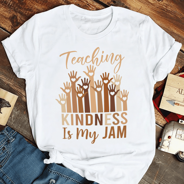 Classic T-Shirt For Teachers Teaching Kindness Colorful Raised Hand Design Custom Name Back To School Outfit