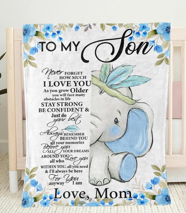 Personalized To My Son Premium Blanket From Mom Baby Elephant & Blue Flower Printed Never Forget How Much I Love You