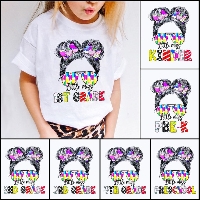 Personalized T-Shirt For Kids Back To School Little Miss First Grade Messy Bun Hair Colorful Glasses Custom Grade Level