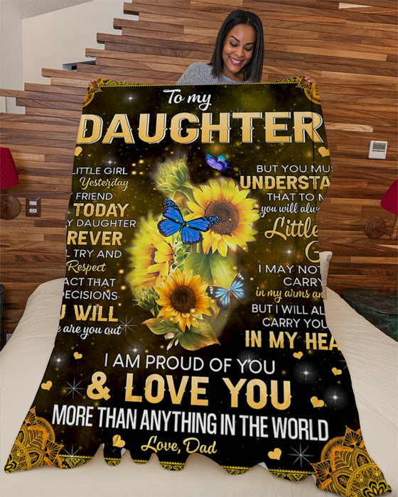 Personalized Blanket To My Daughter From Dad My Little Girl Sunflower & Butterfly Galaxy Background Custom Name