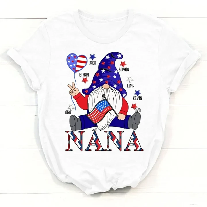 Personalized T-Shirt For Grandma Gnome With USA Flag Design Heart Print Custom Grandkids Name 4th July Day Shirt