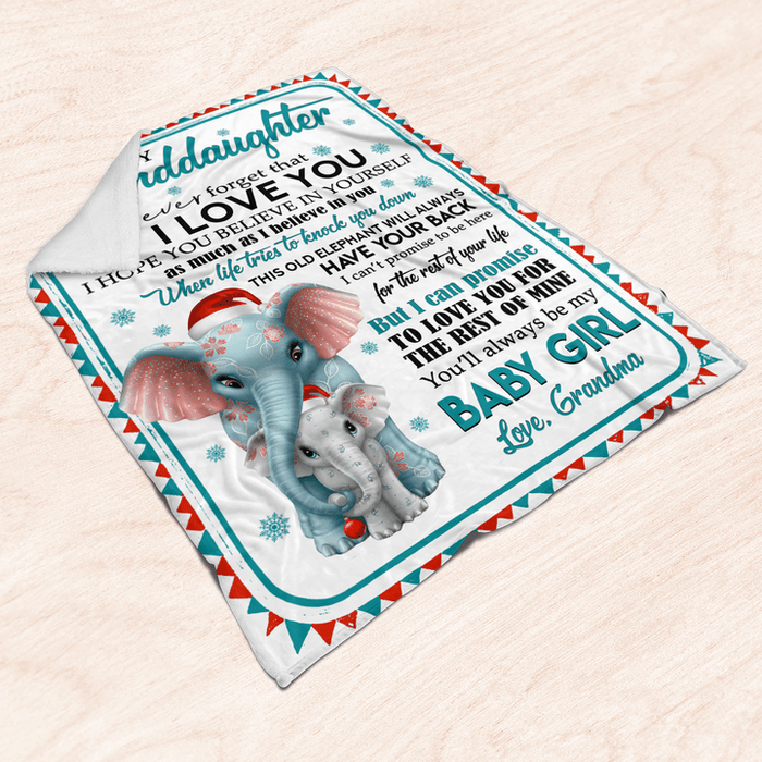 Personalized To My Granddaughter Blanket From Grandma Never Forget That I Love You Cute Elephant With Santa Hat Printed