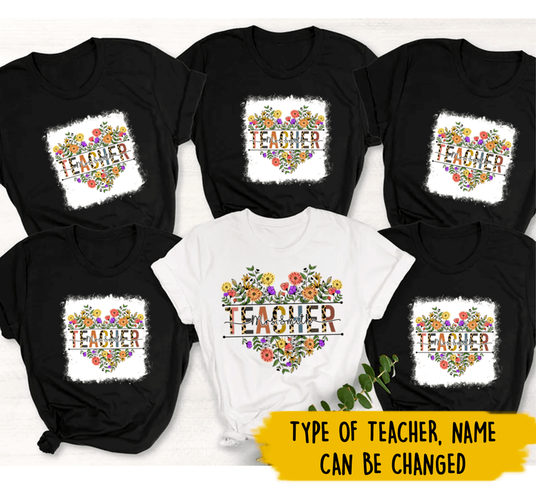 Personalized T-Shirt For Teachers Colorful Leopard & Flower Print Heart Design Custom Name Back To School Outfit