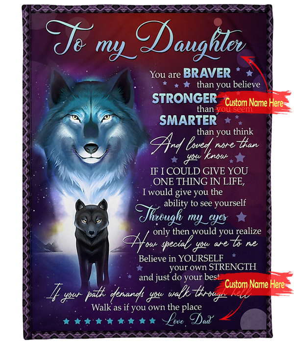 Personalized Fleece Blanket For Daughter Print Wolf Family Quote For Daughter From Dad Customized Blanket Gift For Birthday Graduation