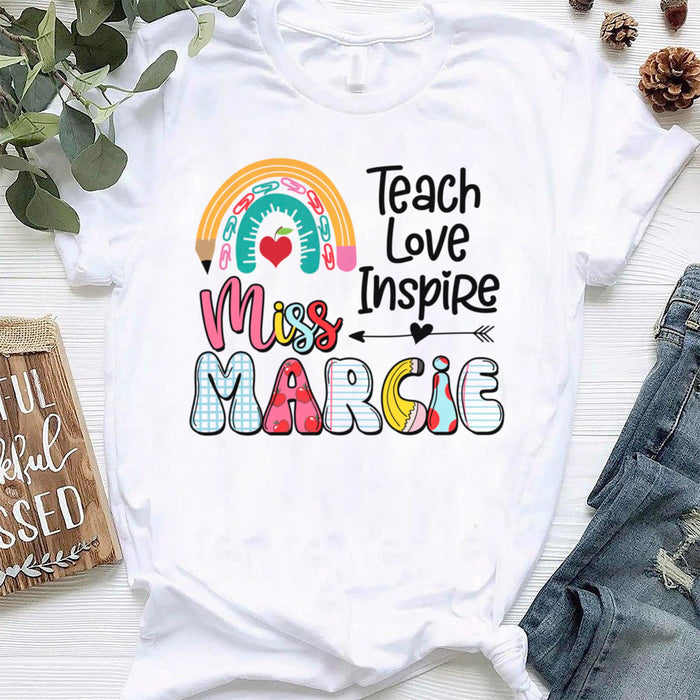 Personalized T-Shirt For Teachers Teach Love Inspire Colorful Rainbow Design Custom Name Back To School Outfit