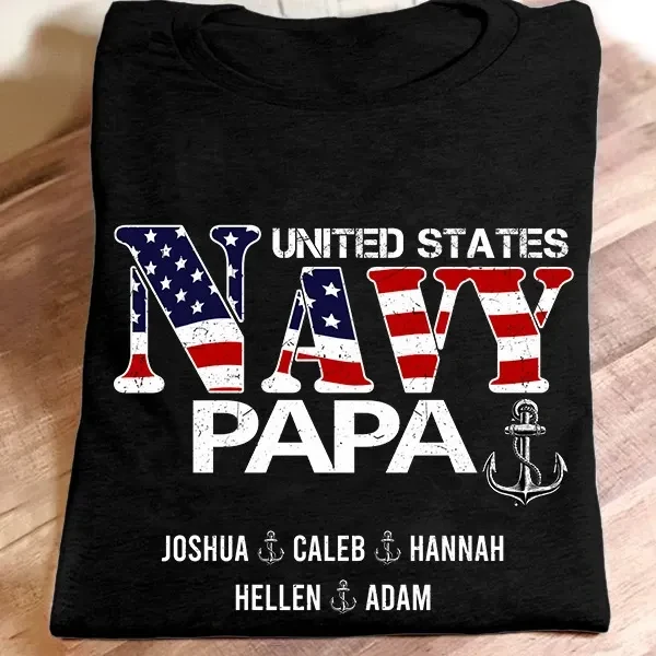 Personalized T-Shirt For Veteran To Grandpa Navy Papa  USA Flag Design Custom Grandkids Name 4th Of July Shirt