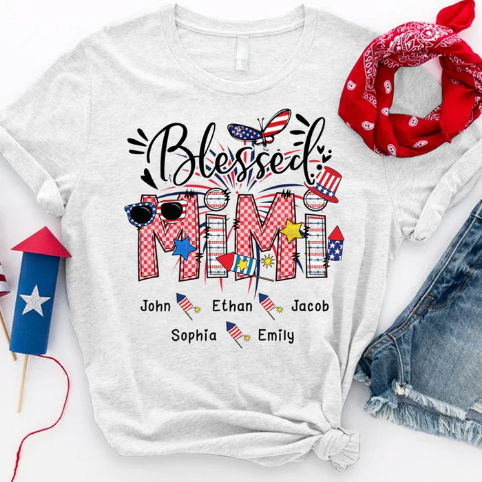Personalized T-Shirt For Grandma Blessed Mimi USA Flag & Plaid Design Custom Grandkids Name 4th Of July Shirt
