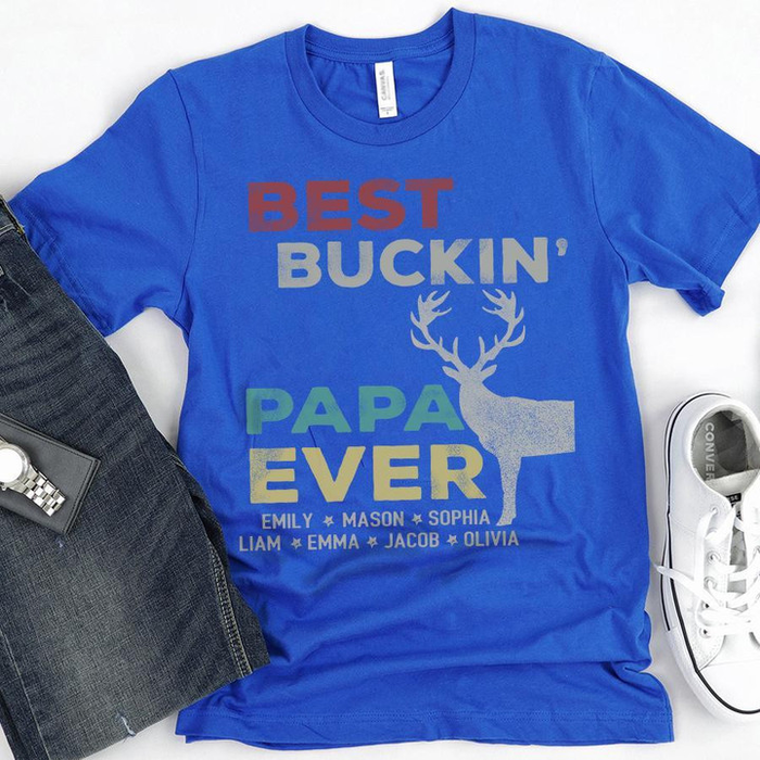Personalized T-Shirt For Grandpa Best Buckin Papa Deer Print Vintage Design Custom Grandkids Name Father's Day Shirt