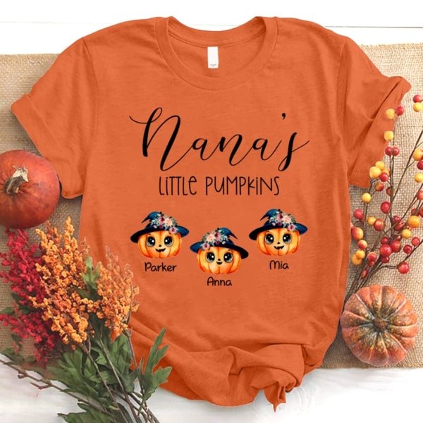 Personalized T-Shirt For Grandma Nana's Little Pumpkins Cute Pumpkin With Floral Hat Printed Custom Grandkids Name