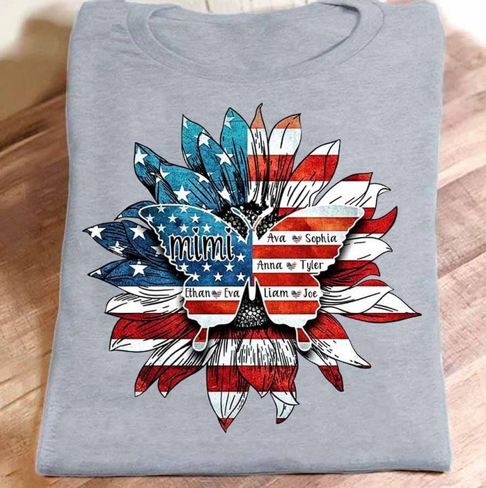 Personalized T-Shirt For Grandma Sunflower & Butterfly Print USA Flag Style Custom Grandkids Name 4th July Day Shirt