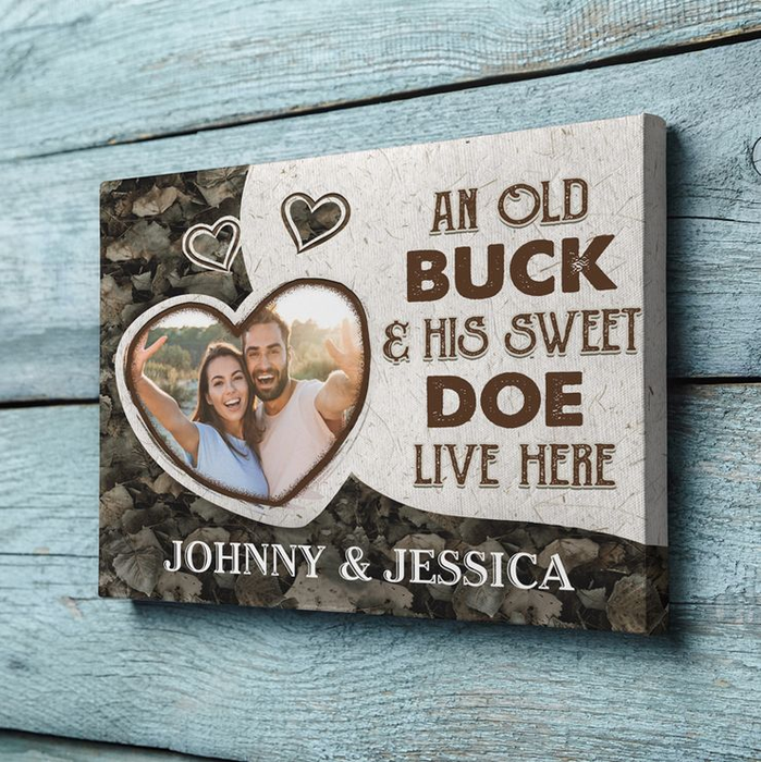 Personalized Canvas Wall Art For Hunting Lovers Couples An Old Buck & His Sweet Doe Live Here Custom Name & Photo Poster