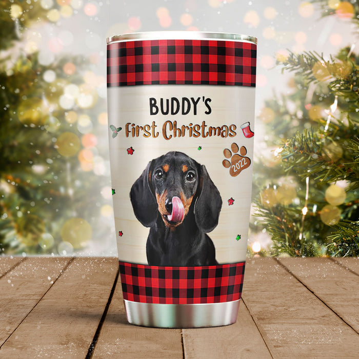 Personalized Tumbler For Dog Owner Buddy First Xmas Red Plaid Paws Custom Name & Photo Travel Cup Gifts For Christmas