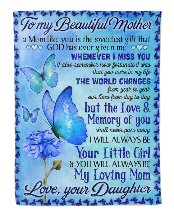 Personalized Blanket To My Beautiful Mother Blue Flower & Butterfly Fleece Blankets Custom Name