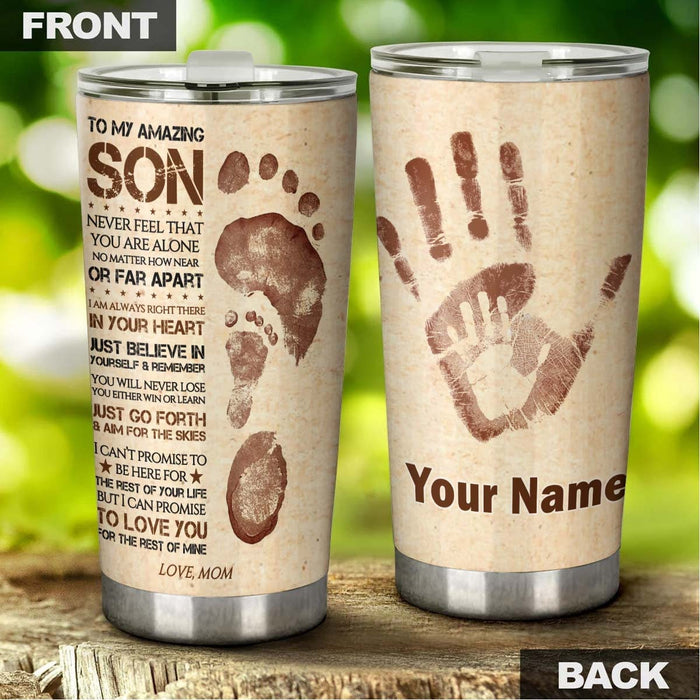 Personalized To My Son Tumbler From Mom Dad Hand Print Foot Print Vintage Custom Name Travel Cup Gifts For Birthday