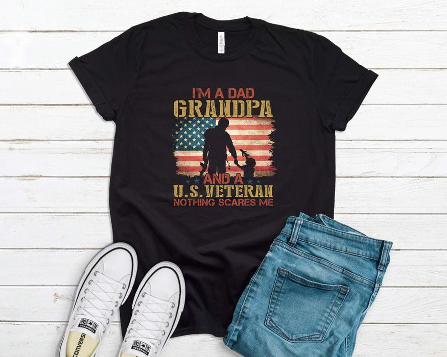 Classic T-Shirt For Grandpa I Am A Dad Grandpa And A US Veteran Nothing Scares Me American Flag Red White Blue Shirt