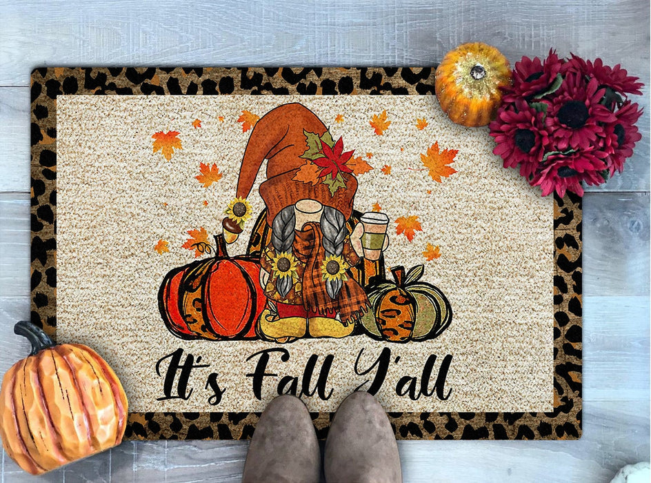 Welcome Doormat For Fall Lovers It's Fall Y'all Cute Gnome With Pumpkin Sunflower And Leaves Printed Leopard Design