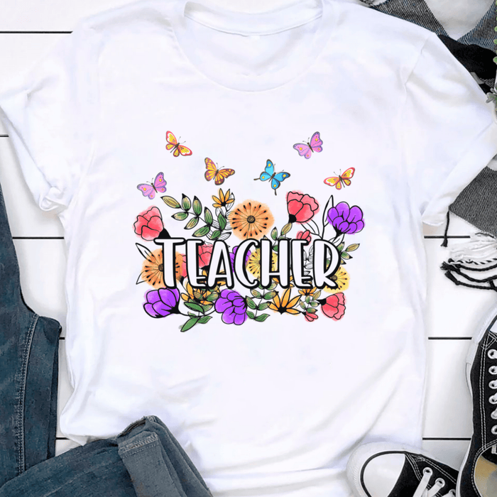 Personalized T-Shirt For Teachers Colorful Flowers Design Custom Job Title Back To School 2022 Outfit