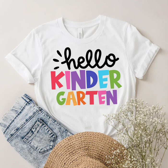 Personalized T-Shirt For Kid Hello Kindergarten Colorful Design Custom Grade Level Back To School Outfit