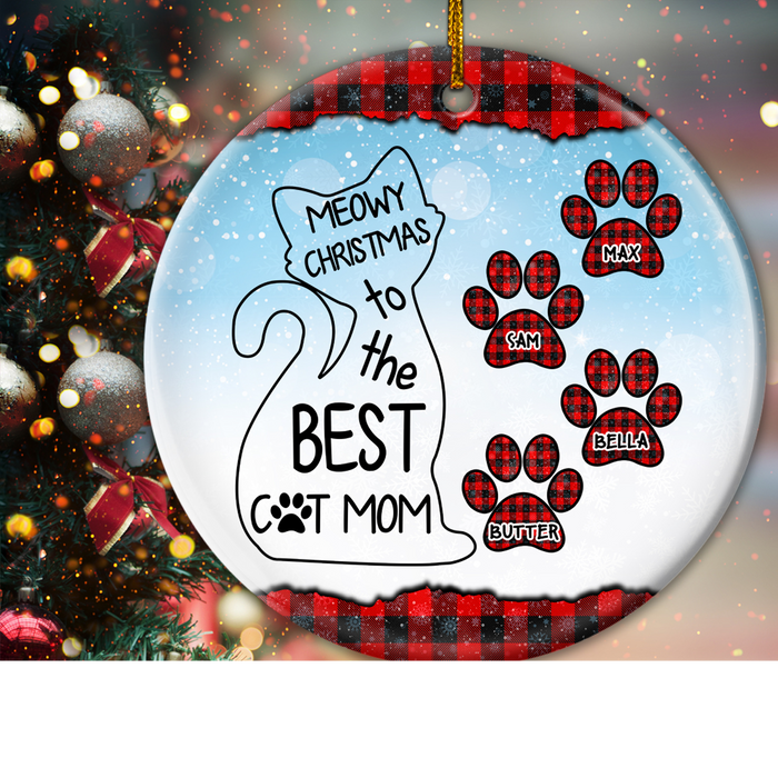 Personalized Ornament For Cat Lover Meowy To Mom Paws Printed Buffalo Plaid Custom Name Tree Hanging Gifts For Christmas