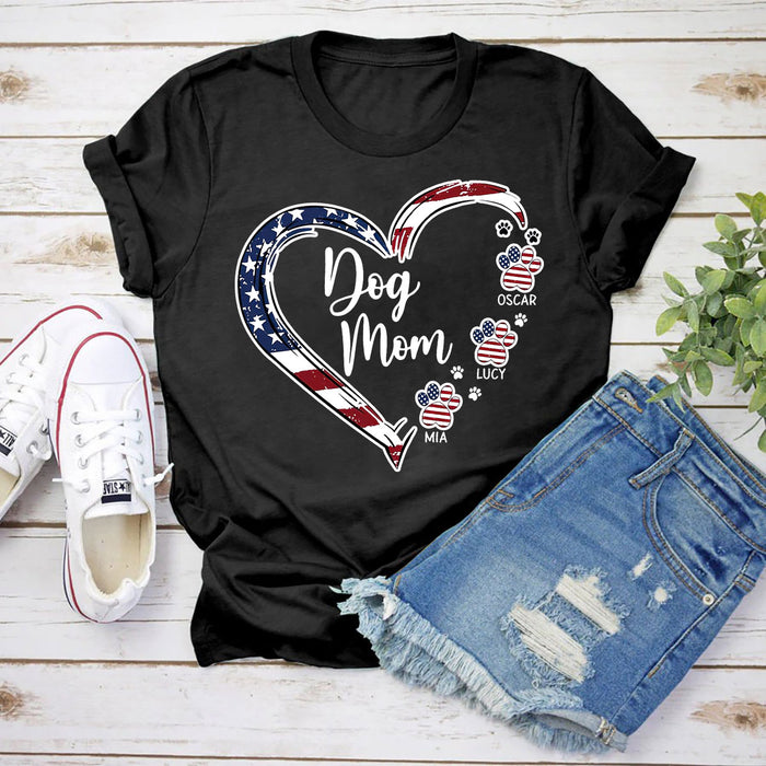 Personalized T-Shirt For Dog Mom Heart & Paw Printed USA Flag Design Custom Dogs Name Independence Day Shirt