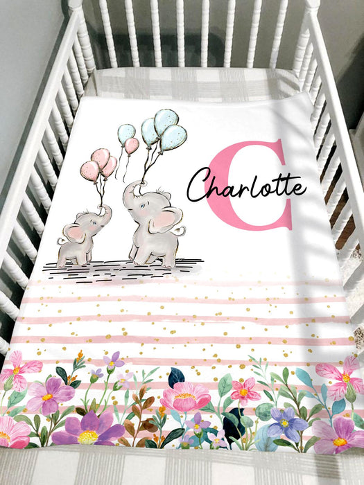 Personalized Baby Blanket Two Cute Elephants Holding Balloon & Flower Printed Custom Name Baby Reveal Blanket
