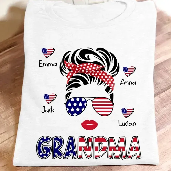 Personalized T-Shirt For Grandma Headband & Sunglasses With USA Flag Design Custom Grandkids Name 4th July Day Shirt