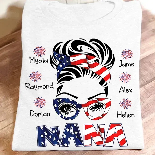 Personalized T-Shirt For Grandma Headband & Glasses USA Flag Design Custom Grandkids Name 4th July Day Shirt