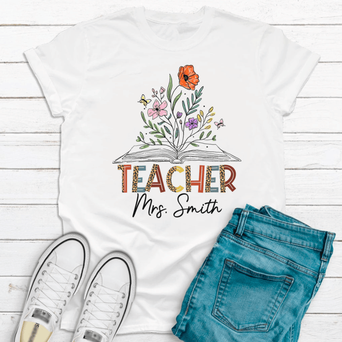 Personalized T-Shirt For Teachers Colorful Leopard Design Flower Print Custom Name Back To School Outfit