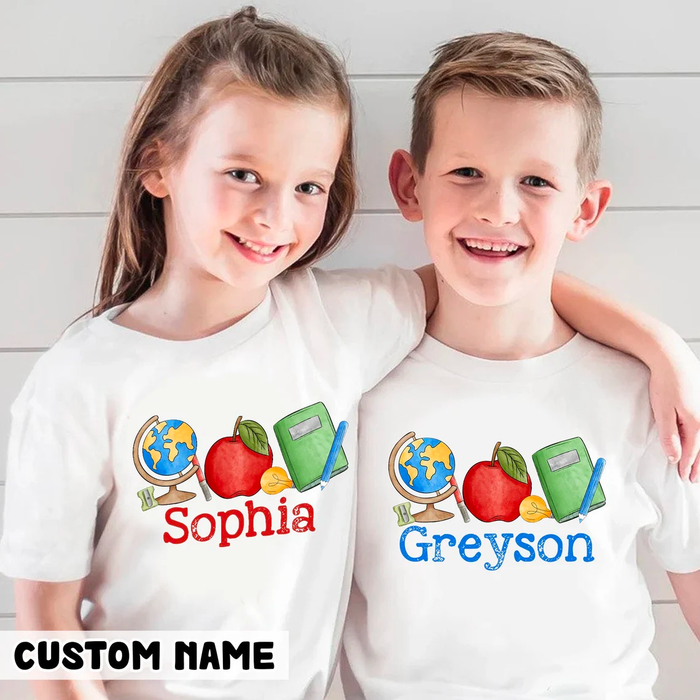 Personalized T-Shirt For Kid Glove Pencil & Apple Print Vintage Style Custom Name Back To School Outfit