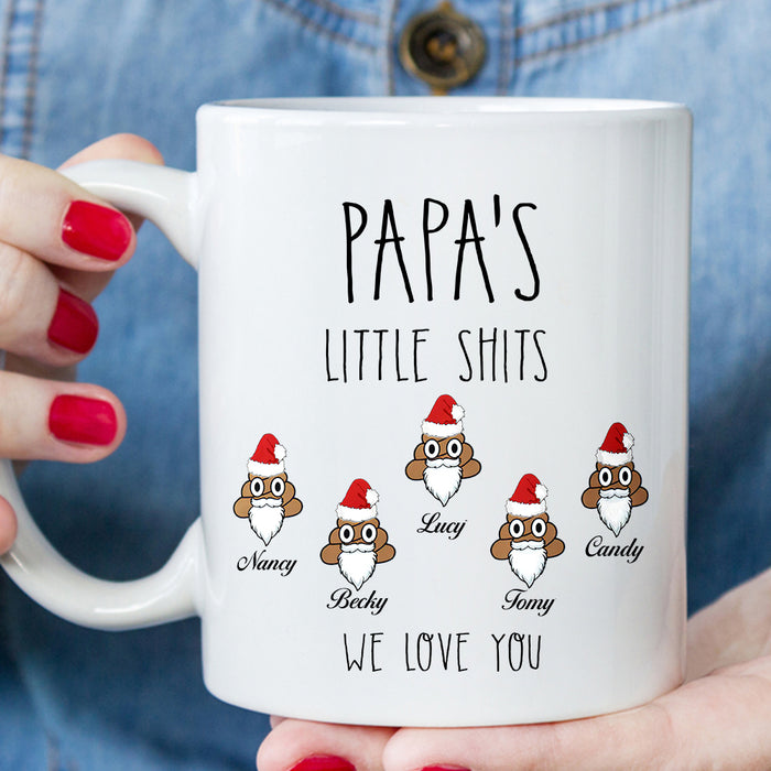 Personalized 11Oz 15Oz Coffee Mug For Grandpa Papa's Little Shits Cute Shit With Santa Hat Printed Custom Grandkids Name