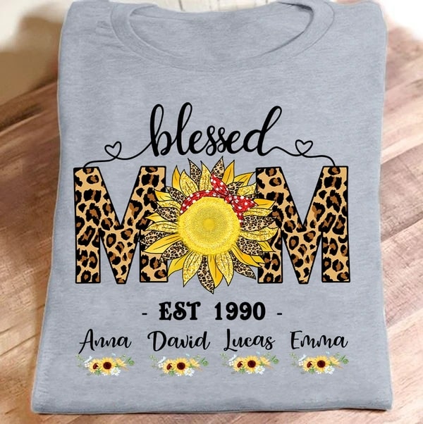 Personalized T-Shirt For Mom Blessed Mom Est Year Sunflower With Headband Printed Leopard Design Custom Kid's Name