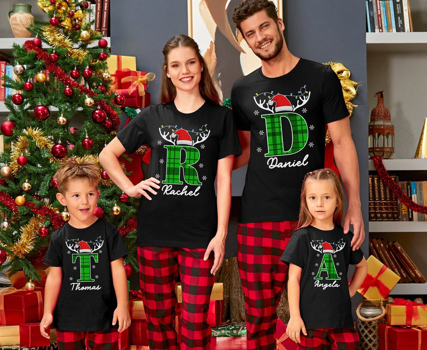 Personalized Matching Shirt For Family Reindeer Christmas Plaid Design With Santa Hat & Lights Custom Name & Initial