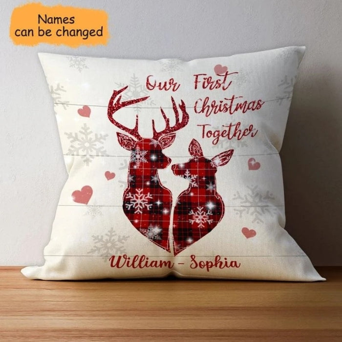 Personalized Pillow For Couple Our First Christmas Together Deer Couple Printed Heart & Snowflake Design Custom Names