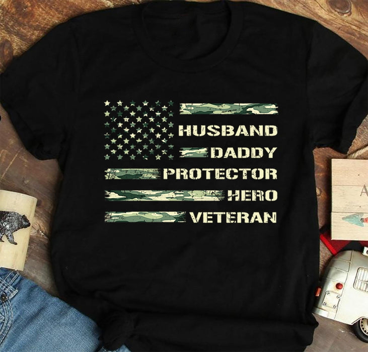 Classic T-Shirt For Men Husband Daddy Protector Hero Veteran American Flag Art Printed Camouflage Design Patriotic Shirt