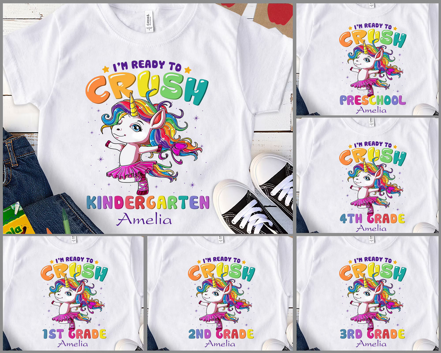Personalized T-Shirt For Kids Back To School I'm Ready To Crush Kindergarten Dancing Unicorn