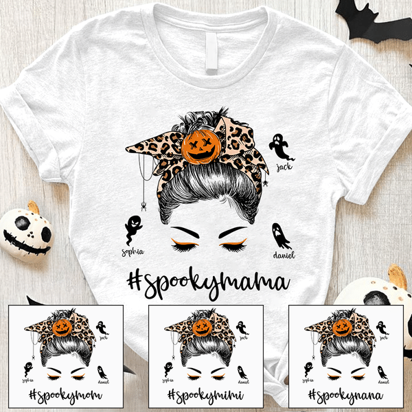 Personalized T-Shirt For Women Spooky Mama Messy Bun Hair With Leopard Headband & Pumpkin Printed Custom Kid's Name