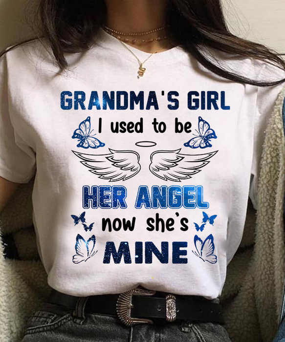 Personalized Memorial T-Shirt Grandma's Girl I Used To Be Her Angle Now She's Mine Angle Wings Printed