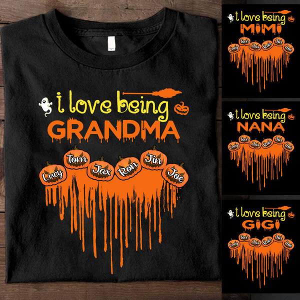 Personalized T-Shirt I Love Being Grandma Pumpkin Dripping Heart With Ghost And Broom Printed Custom Grandkids Name