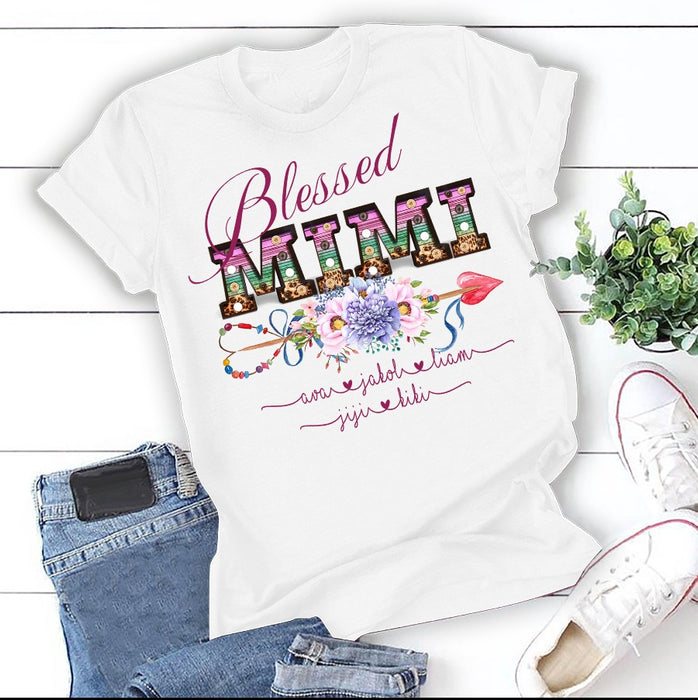 Personalized T-Shirt For Grandma Blessed Mimi Love Arrow Printed Custom Grandkids Name Shirt