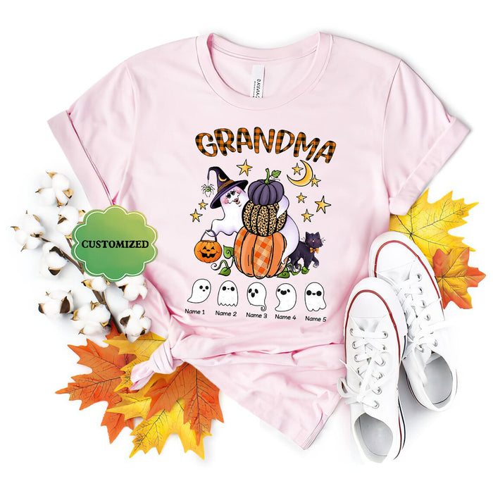 Personalized T-Shirt For Grandma Cute Ghost With Plaid Leopard Pumpkin And Black Cat Printed Custom Grandkid's Name