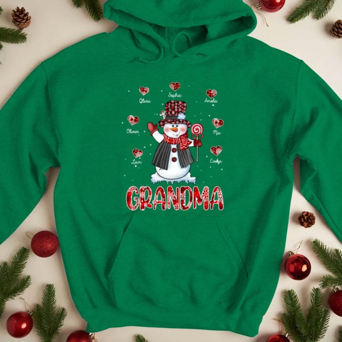 Personalized Sweatshirt & Hoodie For Grandma Cute Snowman Heart Printed Custom Grandkids Name Red Plaid Design