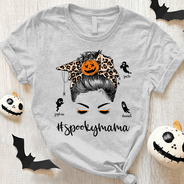 Personalized T-Shirt For Women Spooky Mama Messy Bun Hair With Leopard Headband & Pumpkin Printed Custom Kid's Name